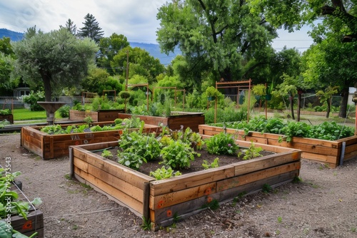 Sustainable community garden with raised beds and composting bins, promoting local food production
