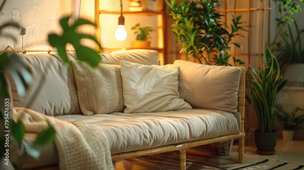 Cozy living room adorned with energy-efficient LED lighting, houseplants and sustainable bamboo furniture Cozy living room adorned with energy-efficient LED lighting, houseplants and sustainable bamboo furniture