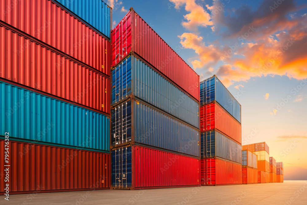 Fototapeta premium Stack of Containers Cargo Ship Import/Export in Harbor Port.