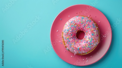 Sweet Pink Donut on Magenta Plate Against Blue Background Colorful Visual with Appetizing Sweetness 