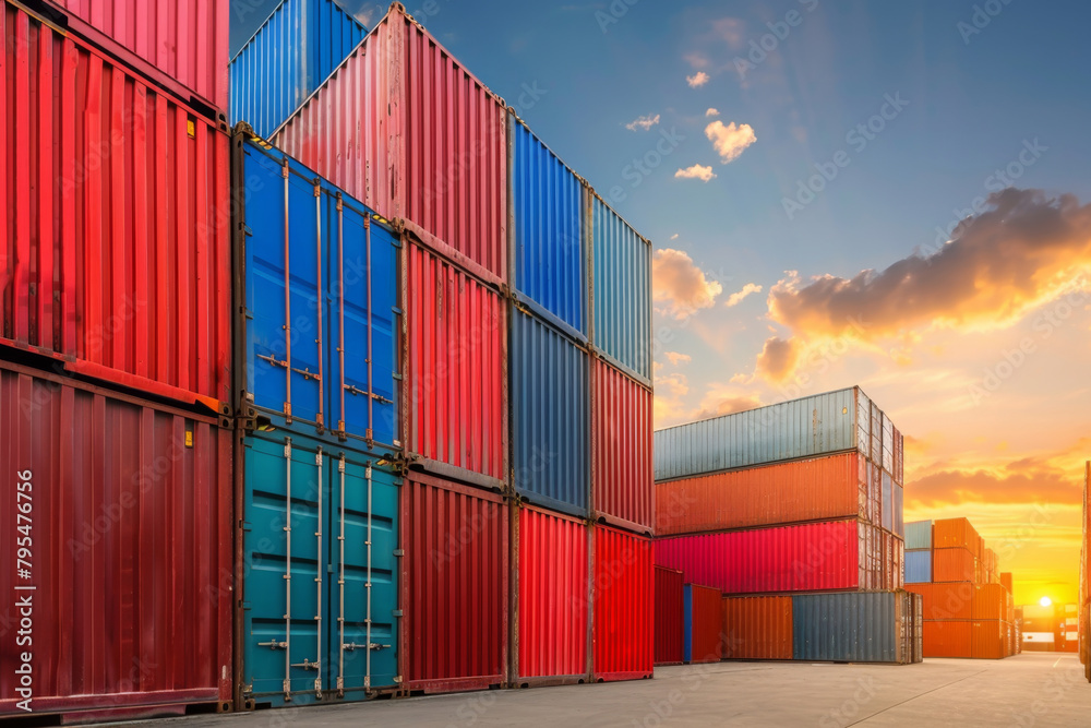 Fototapeta premium Stack of Containers Cargo Ship Import/Export in Harbor Port.