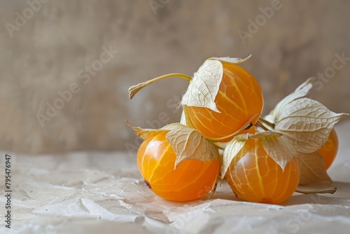 Tart cape gooseberry with papery husk and sweet, tangy flavor, adding brightness to any composition photo