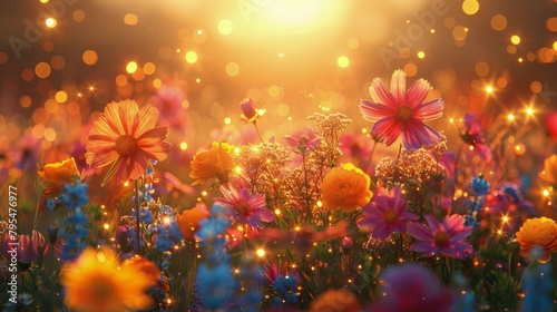 As the sun sets, its warm light filters through a vibrant meadow of pink and blue flowers © olegganko