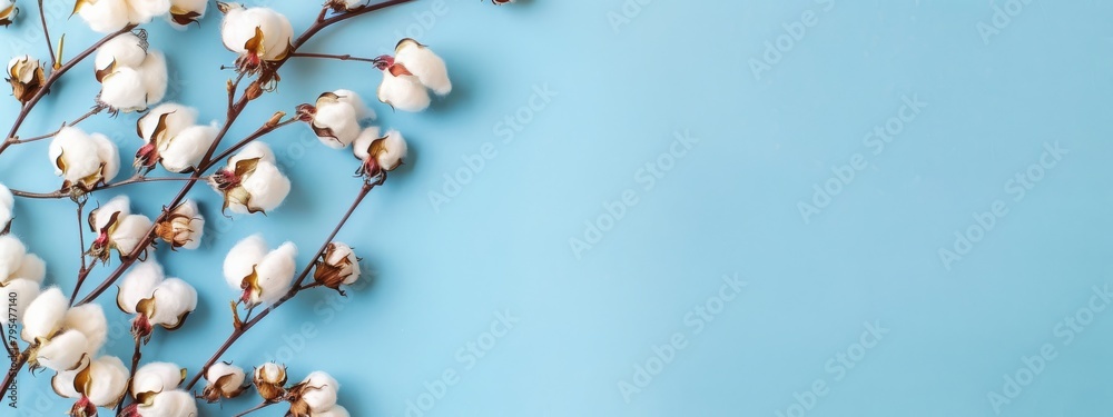 Elegant top view of a cotton branch with fluffy white cotton balls on a vibrant blue background, ideal for soft textile themes.