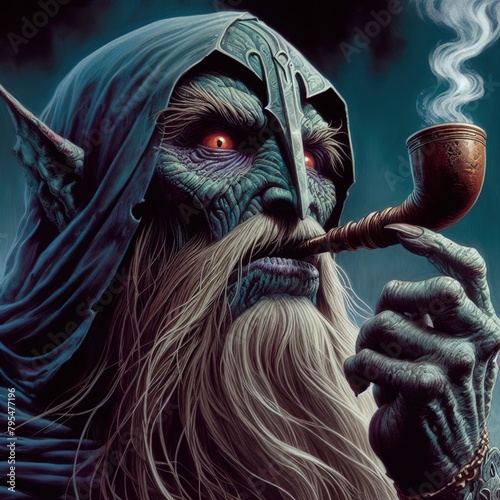 Mystic Sorcerer A Detailed Fantasy Artwork Capturing an Enigmatic Wizard with Glowing Eyes, Holding a Magical Pipe Amidst Dark Atmosphere.
 photo