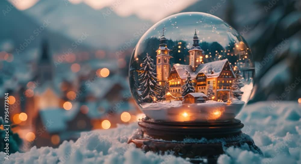 Close-up of a snow globe with a famous cityscape, blurred snowy mountains