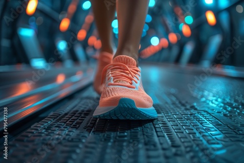 A vibrant sneaker stepping forward in a technologically advanced tunnel conveying the sense of progress photo