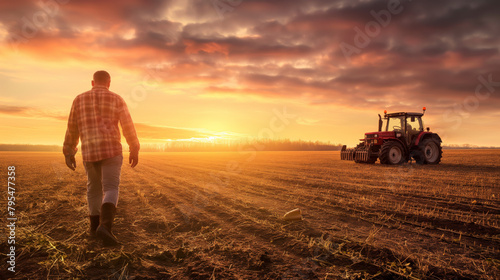A farmer in plaid shirt walks toward a red tractor in a plowed field during sunrise, depicting agriculture and rural life photo