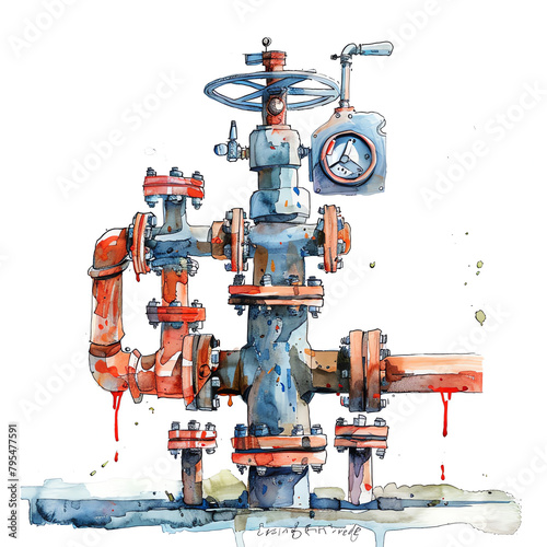 Minimalistic watercolor illustration of wellhead equipment on a white background, cute and comical photo