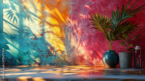 A colorful wall with a vase and a bottle on a table