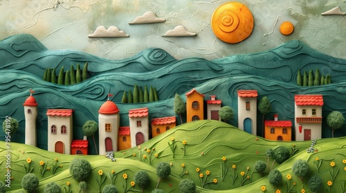 A colorful cityscape with houses of different colors and a street with flowers