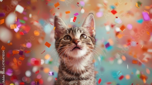 Whimsical Charm Funny Portrait of Happy Smiling Cat on Festive Background with Confetti  Radiating Joy and Playfulness 