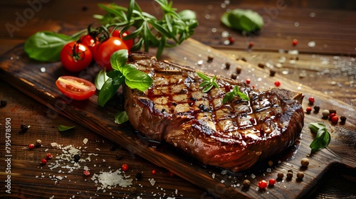 Delicious piece of ribeye or sirloin tender grilled steak with extras On wooden table photo