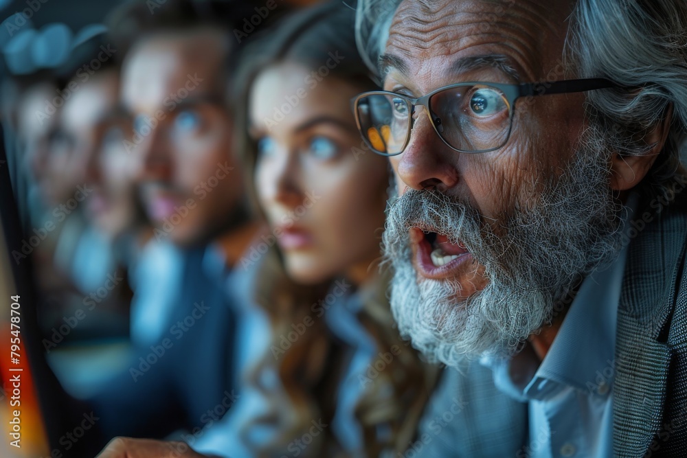 An engaged team of coworkers is intently looking at a monitor with expressions of shock, capturing their undivided attention