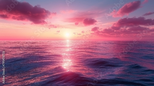 Sunset on the ocean. The evening pink sky is reflected on the sea surface.