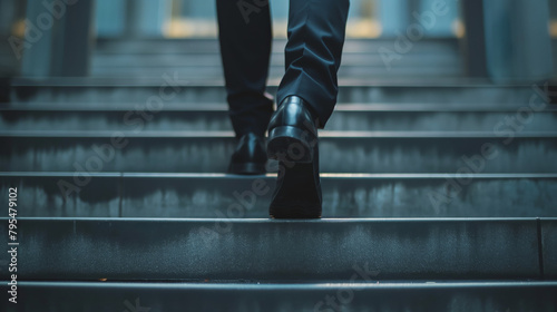 Close-up of polished businessman shoes ascending office stairs, representing career progression or corporate ambition and success