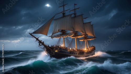 dramatic scene old sail ship braving the waves of a wild stormy sea at night