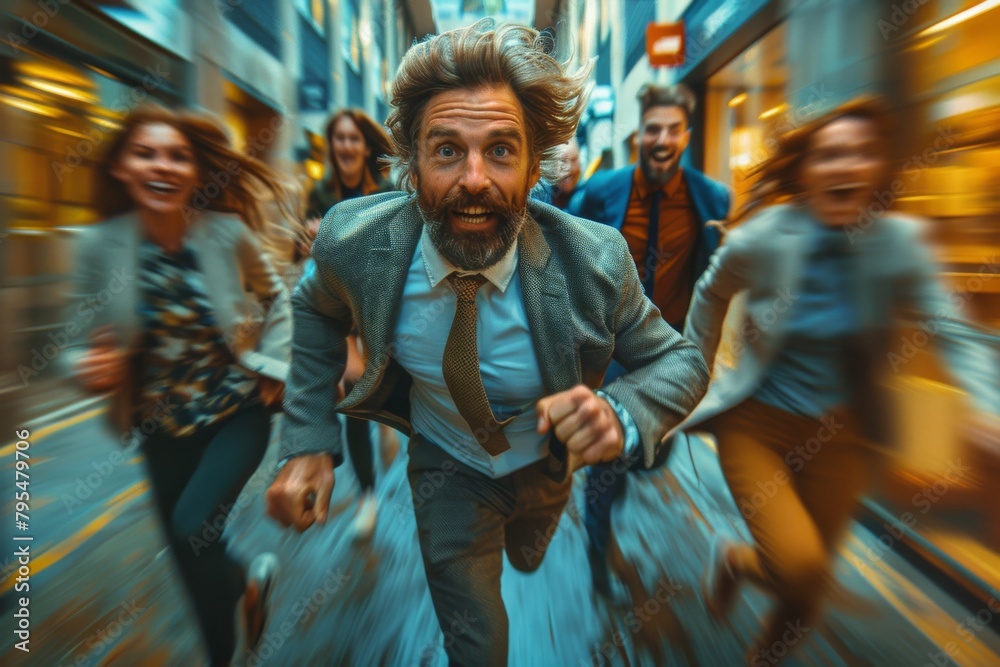 Fototapeta premium An excited man in a suit runs with a motion blur effect, evoking urgency and dynamism in the city