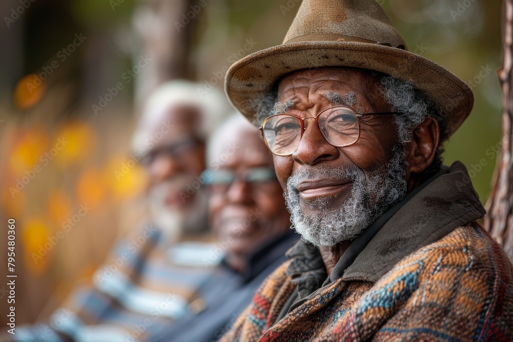 An older gentleman relaxes on a park bench, his face blurred for anonymity in the frame