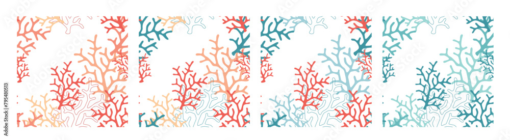 Set of Seamless Simple Summer Marine Symmetrical Uniform Pattern With Corals, Pink And Blue, With Single Element, Outline And Flat Coral Image. White background Vector illustration EPS10 Set of Seamless Simple Summer Marine Symmetrical Uniform Pattern With Corals, Pink And Blue, With Single Element, Outline And Flat Coral Image. White background Vector illustration EPS10