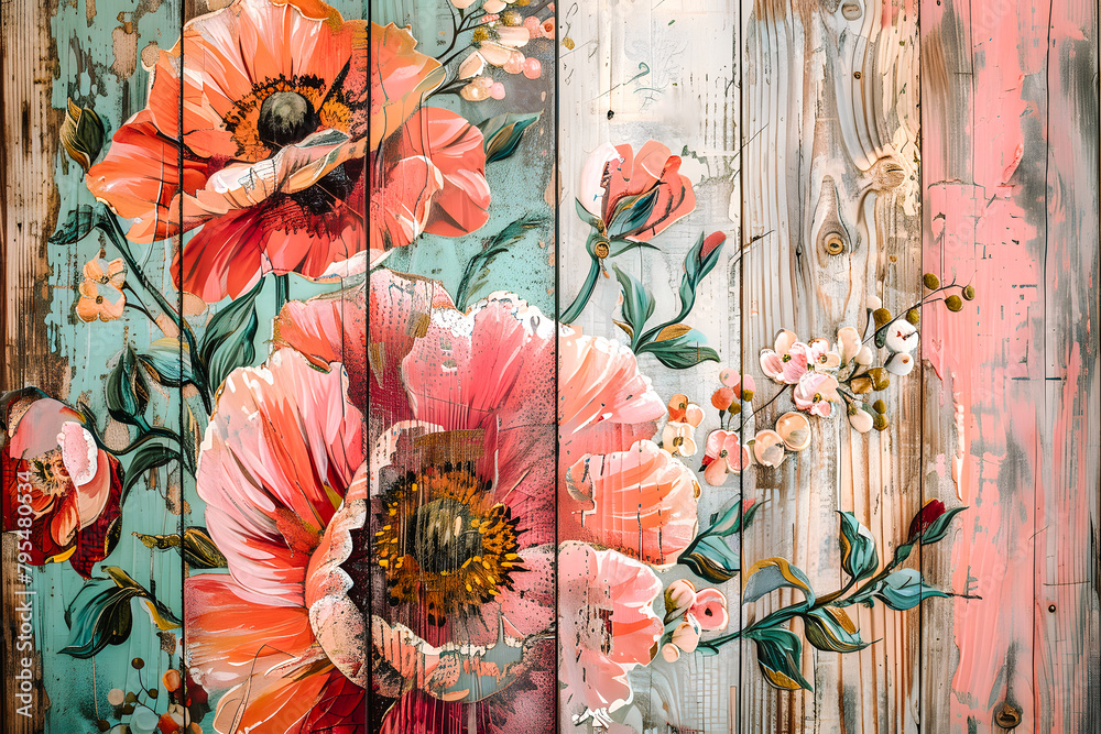 Planche en bois peintes avec motif floral vintage