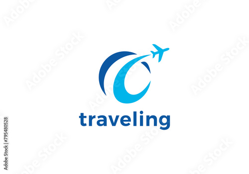 simple travel logo. airplane with globe icon vector design