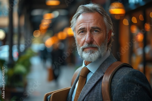 Handsome senior man with a stylish beard and suit posing confidently on an urban street corner photo
