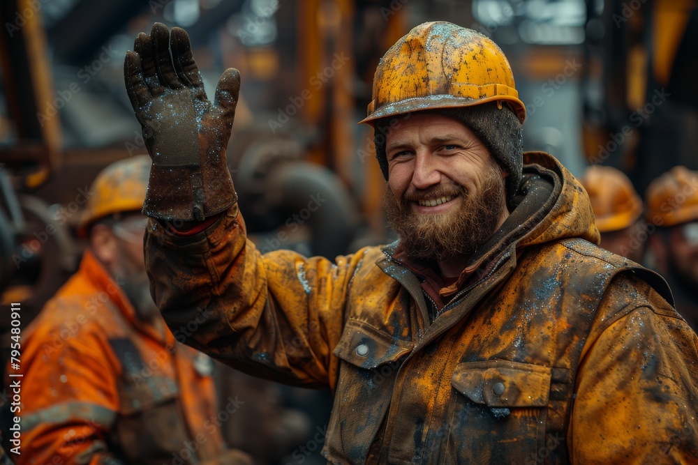 Content construction worker with a dirty face waves in a bustling industrial setting