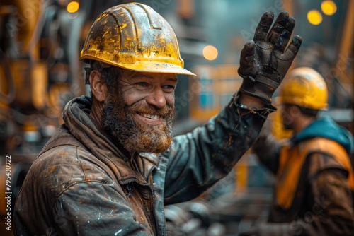 Happy construction worker with muddy hard hat gestures positively in a grungy industrial site photo