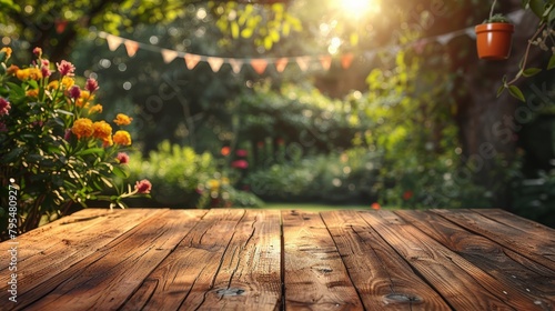 Wooden Table With Flowers and Bunting in Background