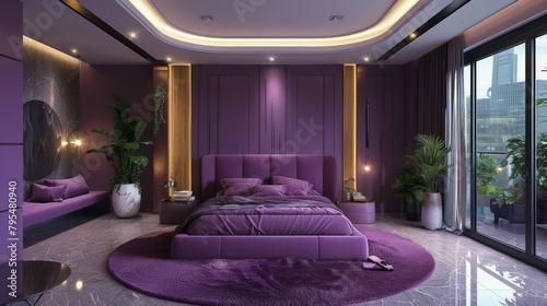 Bedroom With Large Bed and Purple Furniture