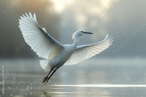 A snowy egret spreads its wings elegantly, capturing the moment of takeoff above a serene water body with a golden light backdrop photo