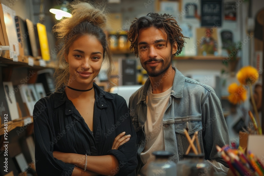 Smiling couple posing together inside a cozy bookstore, showcasing their bond and harmony