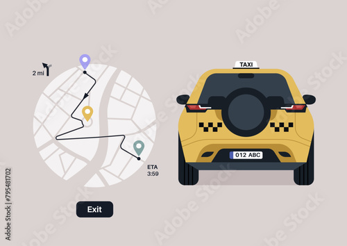 A yellow taxi cab with a checkered pattern, a rear view, a city map with a calculated route on it