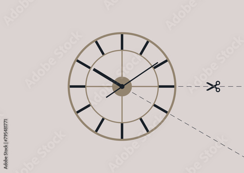 Time management, Scissors poised to cut a dotted line intersecting a clocks timeline metric