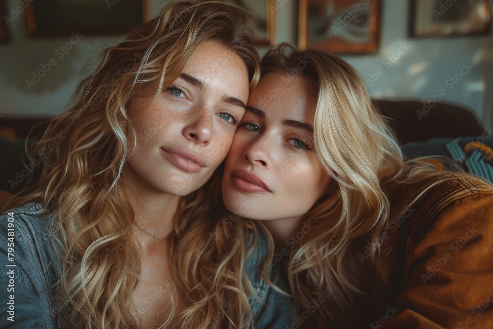 Close-up shot of twin sisters embracing, showcasing their similar facial features and natural beauty