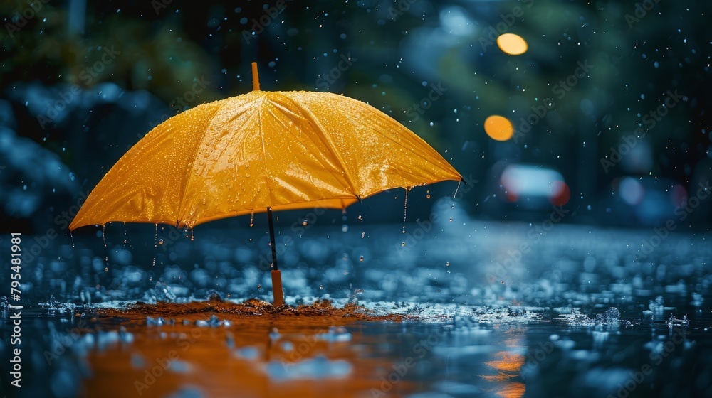 Yellow Umbrella in Puddle of Water