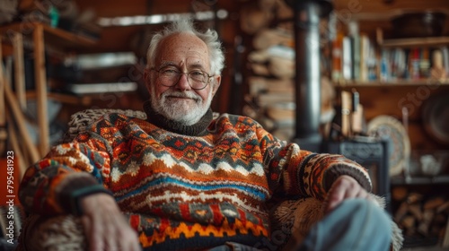 Elderly Man Smiling in Colorful Sweater by Fireplace Eclectic Grandpa' Aesthetic. © tilialucida