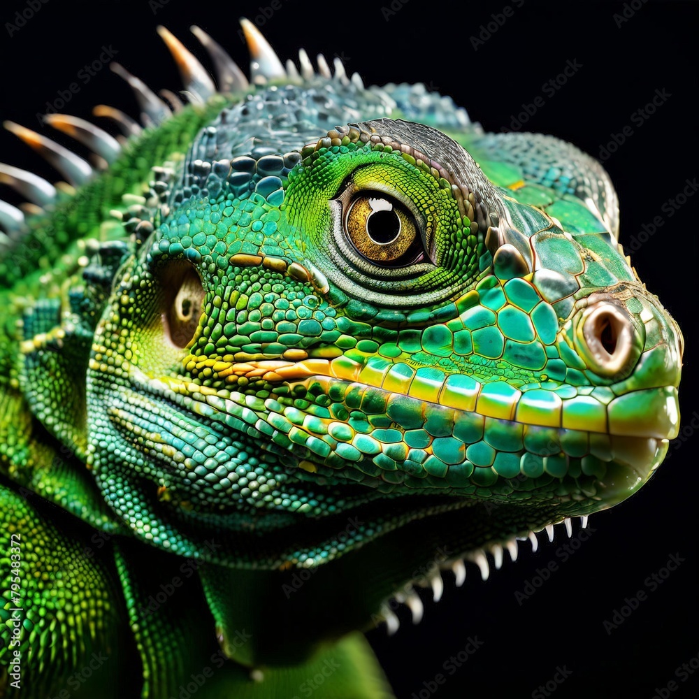 Fototapeta premium Close up of a green iguana isolated on a white background. AI generated