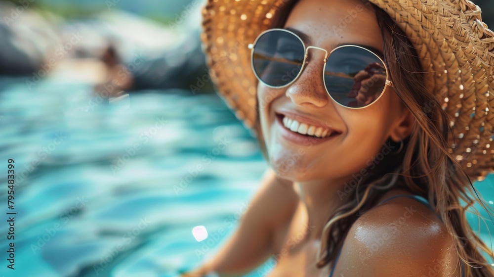 Close-up shot of a lady in a straw hat staring at the sea, highlighting the details of the hat and her sunlit hair