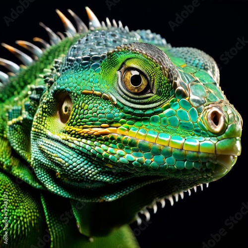 Close up of a green iguana isolated on a white background. AI generated