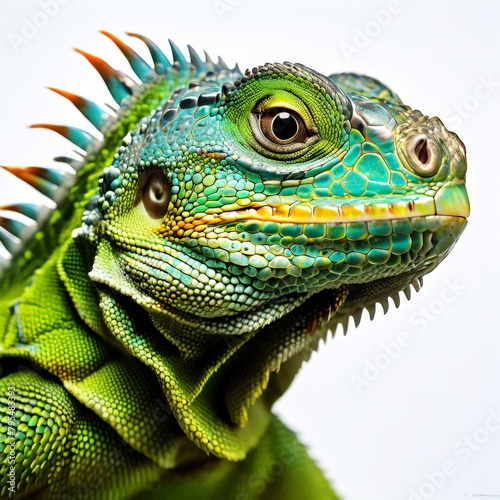 Close up of a green iguana isolated on a white background. AI generated