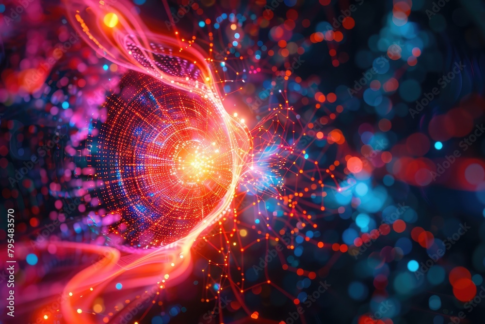 Vibrant glow from a quantum computing core, detailed data streams and algorithmic patterns creating a dynamic, abstract visual, , 3d lilustration Vibrant glow from a quantum computing core, detailed data streams and algorithmic patterns creating a dynamic, abstract visual, , 3d lilustration