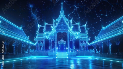 Futuristic 3D wireframe of a Thai temple, illuminated by blue neon, with a dynamic backdrop of a glowing quantum computing core, , moody lighting
