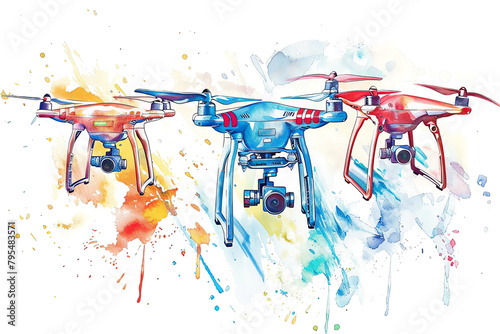 Minimalistic watercolor illustration of drones on a white background, cute and comical photo