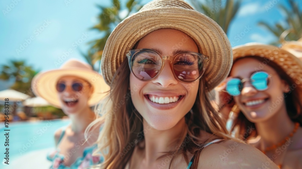 A group of joyful friends in sun hats take a sunny selfie by the pool, displaying happiness and togetherness A group of joyful friends in sun hats take a sunny selfie by the pool, displaying happiness and togetherness