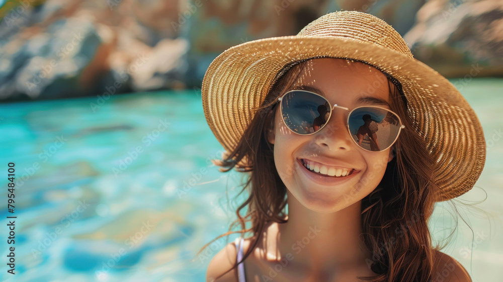A joyful woman with a straw hat and reflective sunglasses is smiling by a turquoise water backdrop