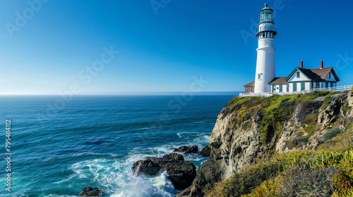 A lighthouse on the edge of an ocean cliff  overlooking blue waters and sandy beaches 