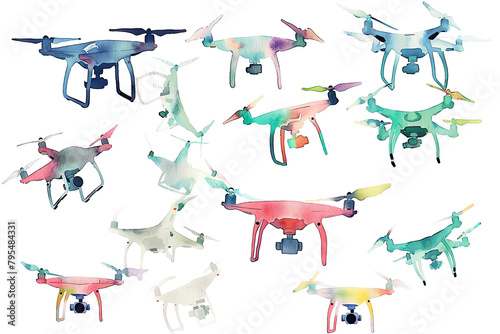 Minimalistic watercolor illustration of drones on a white background, cute and comical photo