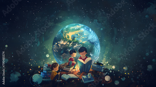 An illustration of teacher with two children sitting on the ground and reading a book with planet earth in the background. Teachers day. Back to school. Student day photo